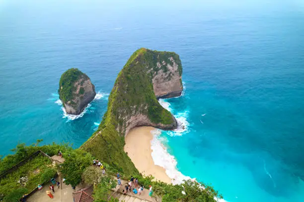 Photo of Cinematic aerial landscape shots of the beautiful island dinosaur of Nusa Penida. Huge cliffs by the shoreline and hidden dream beaches with clear water.