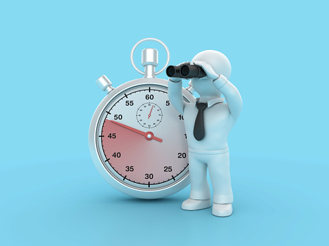 3D Stopwatch with Cartoon Business Character and Binoculars - Color Background - 3D Rendering
