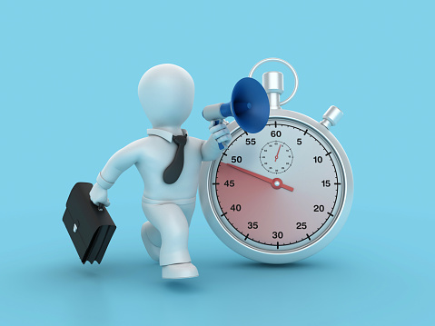 3D Stopwatch with Cartoon Business Character and Megaphone - Color Background - 3D Rendering