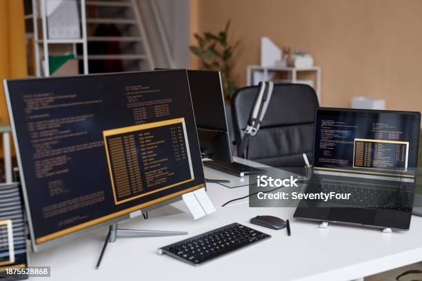 Multiple Computer Devices With Code Lines On Screen In It Development ...