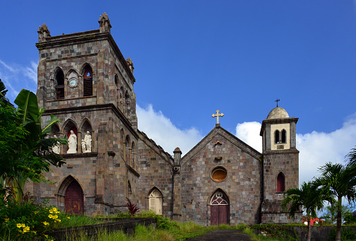 Roseau, Commonwealth of Dominica: Cathedral of Our Lady of Fair Haven of Roseau - see of the Diocese of Dominica, suffragan diocese of the Archdiocese of Castries, Saint Lucia - designed in Gothic Romanesque revival style, completed in 1916 - Virgin Lane.
