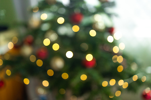 Blur Christmas scene with decoreted tree and lights in background. High quality photo