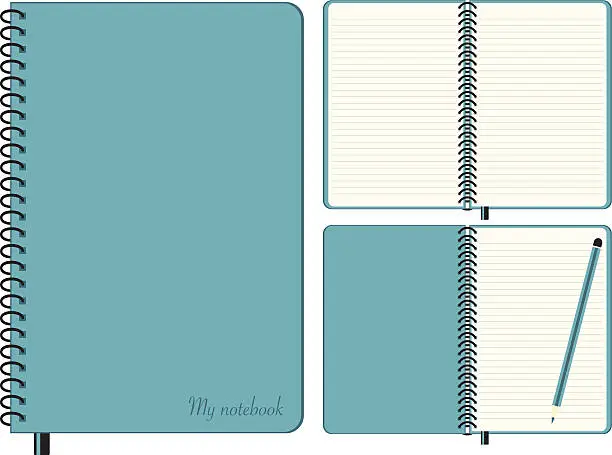 Vector illustration of Three images of the same blue notebook
