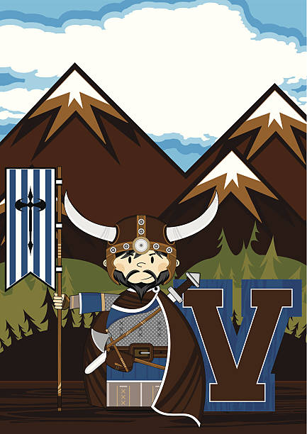 Cute Viking Warrior Learning Letter V Vector Illustration of a Cute Viking Warrior Learning Letter V. man holding belt stock illustrations