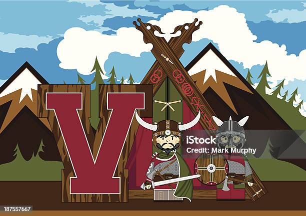 Süße Viking Warriors Lernen Buchstabe V Stock Vektor Art und mehr Bilder von Alphabet - Alphabet, Axt, Berg