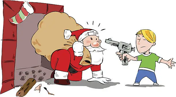 Vector illustration of Child  hand with a gun to Santa Surprise. Christmas scene.