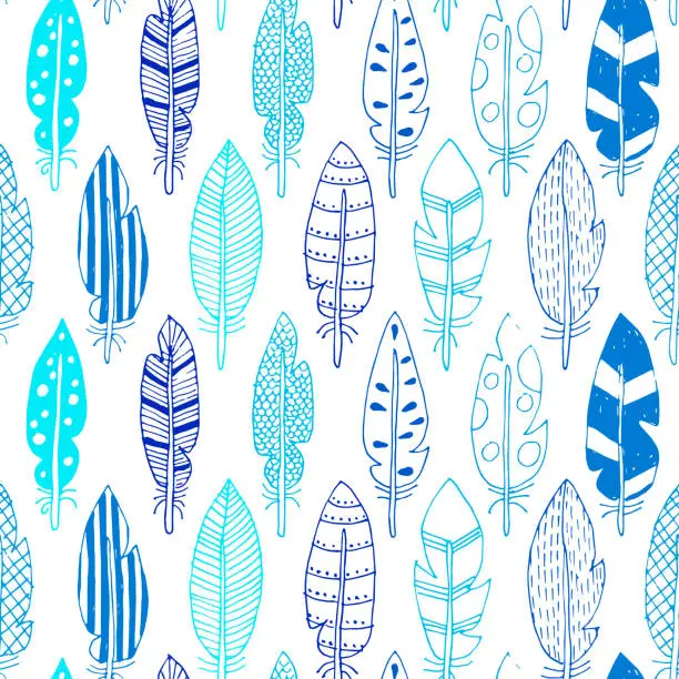 Vector illustration of blue and white feathers seamless pattern