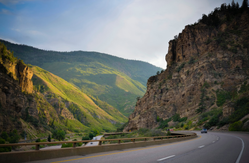 Rocky Mountains in afternoon light on Interstate 70 outside of Glenwood Springs, Colorado.