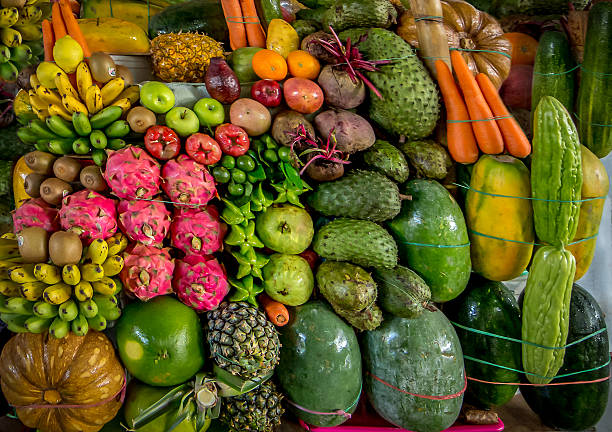 istock Exotoc fruit wall food court stall display, Borneo 187562478