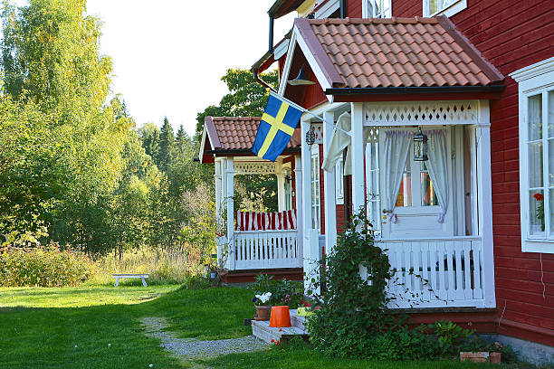 Falköping, Sweden-May, 2017:  Garden with blooming tulips and daisies by a red cottage