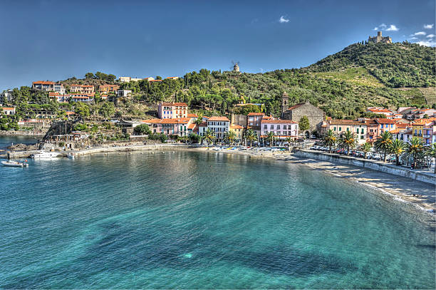Mediterranean beach and village stock photo