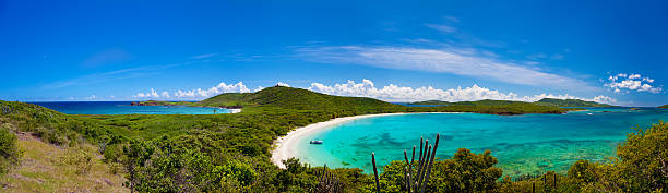 panorama of Turtle Beach, Culebrita, Puerto Rico high angle panorama of Turtle Beach on a right, Culebrita, Puerto Rico culebra island photos stock pictures, royalty-free photos & images