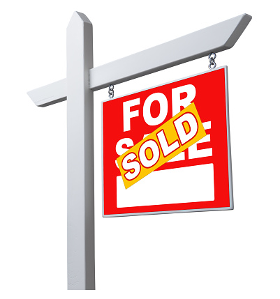 Right Facing Sold For Sale Real Estate Sign Isolated on a White Background