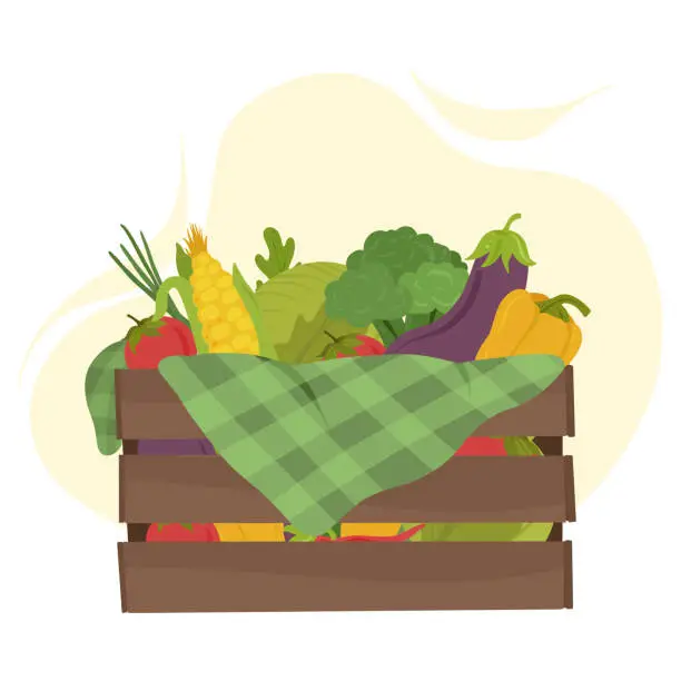 Vector illustration of Vegetables in a wooden box. Harvest, farm products, eco