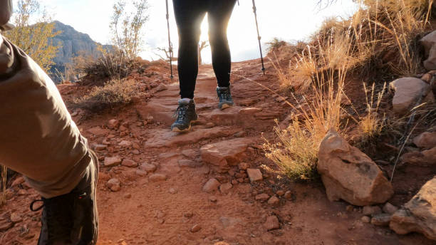 istock Mature couple hike through desert landscape 1875658338