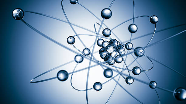 Atom Scientific background. 3D render. physics stock pictures, royalty-free photos & images