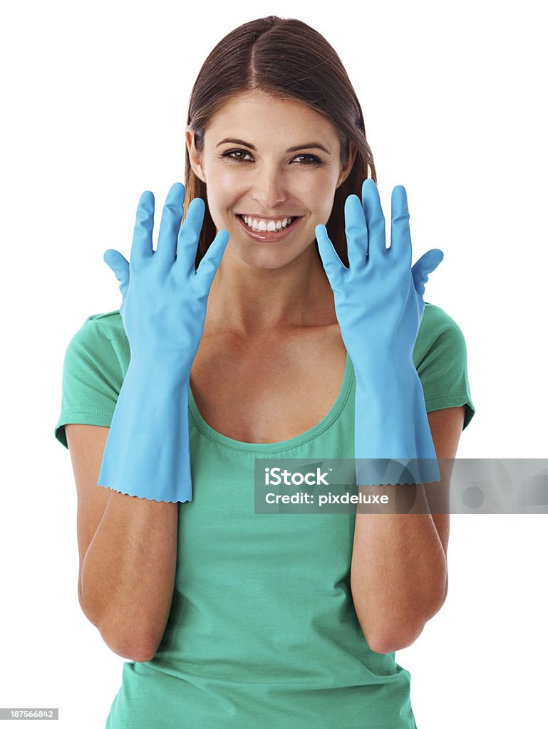 My house is ready for a spring clean! Portrait of a smiling woman with washing gloves on against a white background 30-34 Years Stock Photo