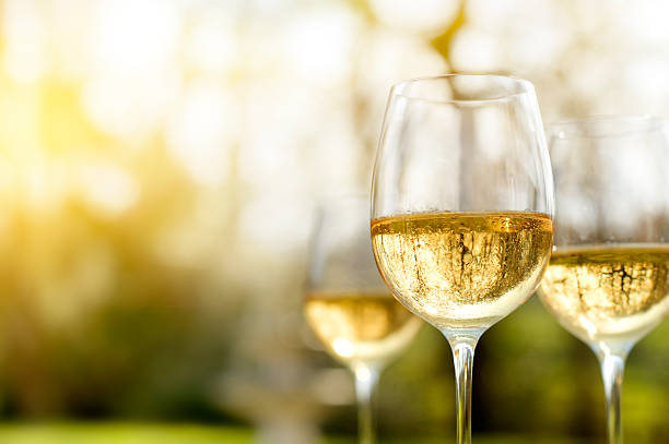 Late Summer Wine Alfresco chilled white wine in late summer or autumn. white wine stock pictures, royalty-free photos & images