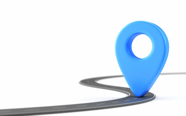 istock Blue location 3d icon with road isolated on white background 1875684247