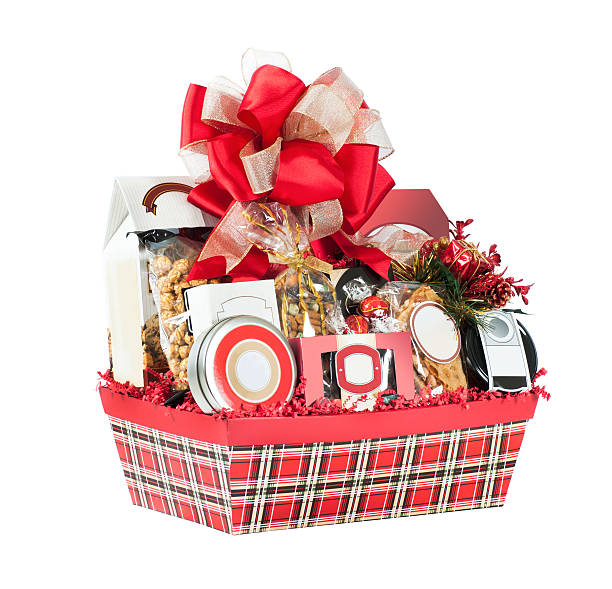 Red Plaid Christmas Holiday Gift Basket stock photo