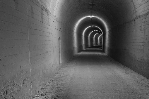 The tunnels along the Via Verde in Andalusia, Spain are many, of various lengths and illuminated or non-illuminated.

This tunnel was a curving near km long tunnel with illumination.  When taken in black and white, the dimensions and features of the tunnel stand out.