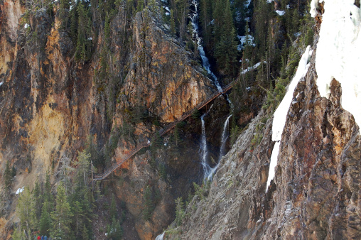 The cliffside stairway down Uncle Tom's Trail near the Lower Falls of the Yellowstone River in Yellowstone National Park, Wyoming, USA.