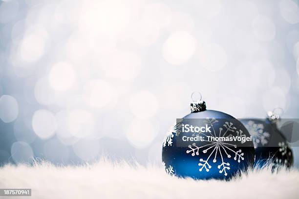 Christmas Baubles Blue Bokeh Defocused Decoration White Stock Photo - Download Image Now