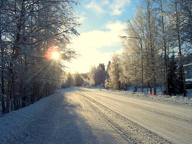Snowy road in winter passes through a foggy forest
