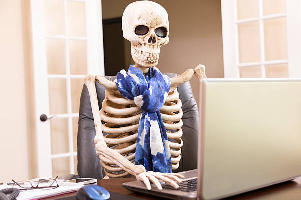 Business: Skeleton of woman who worked herself to death. Skeleton of a woman sits in front of laptop in her office. She has worked to death! overworked funny stock pictures, royalty-free photos & images