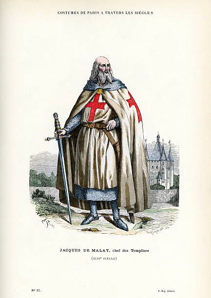 Jacques de Molay as Knight Templar Vintage lithograoh of Jacques de Molay, the 23rd and last Grand Master of the Knights Templar, leading the Order from 20 April 1292 until it was dissolved by order of Pope Clement V in 1307. knights templar stock illustrations
