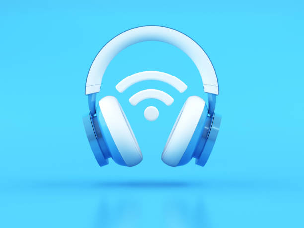 istock Cartoon headphones with wireless icon on blue background 1875741577
