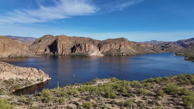 Aerial View of Lake with Mountains, Canyon Lake on the Apache Trail in Arizona, drone slowly moving forward
