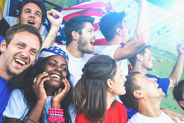 istock Group of happy USA supporters 187575102