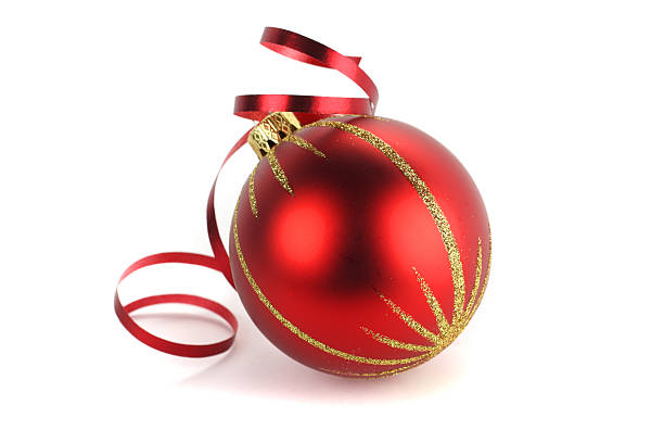istock Single red and gold bauble with ribbon isolated on white 187579308