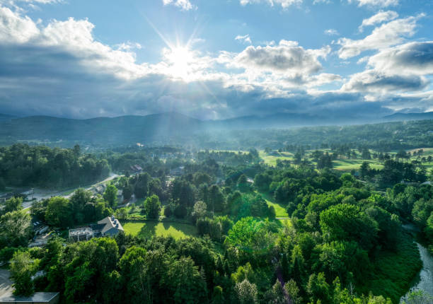 aerial view of the town of stowe in the summer - town rural scene road new england imagens e fotografias de stock