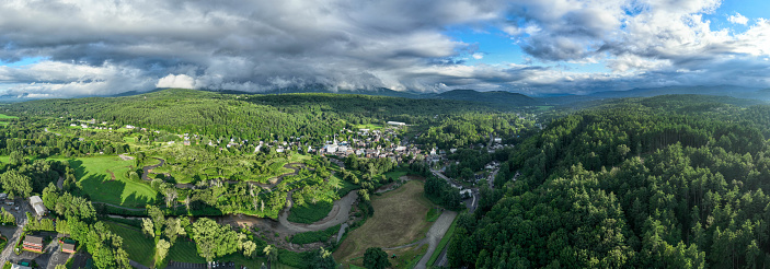 Aerial view of the town of Stowe in the summer