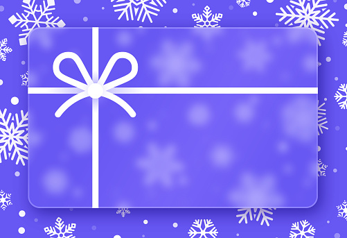 Holiday snow transparent glass coupon gift card gift certificate wrapped package present snow background.