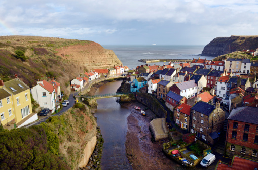The fishing village of Staithes in North Yorkshire taken from a high vantage point above the village.