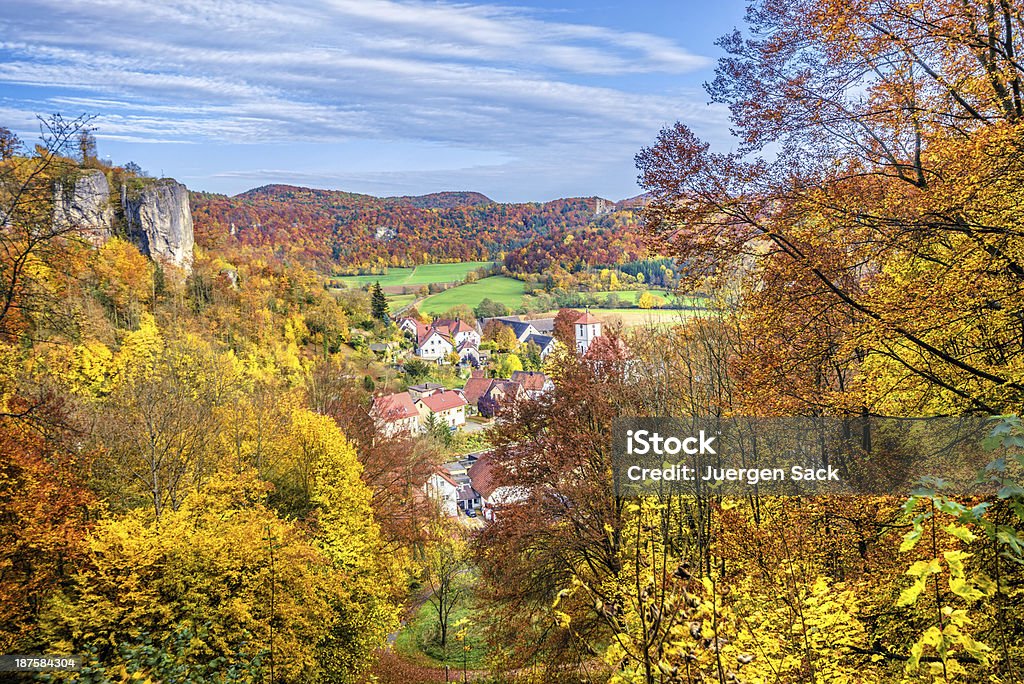 Franconian Autumn Valley - Streitberg (Germany) Elevated view on the beautiful Autumn Valley near Streitberg (Franconia, Germany).  Aerial View Stock Photo