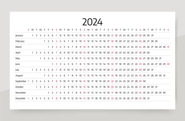 Calendar for 2024 year. Linear planner template. Vector illustration. Calendar 2024 year. Linear planner template. Horizontal yearly calender. Week starts Sunday. Long annual schedule grid with 12 months. Landscape orientation, english. Vector illustration Simple design may 24 calendar stock illustrations