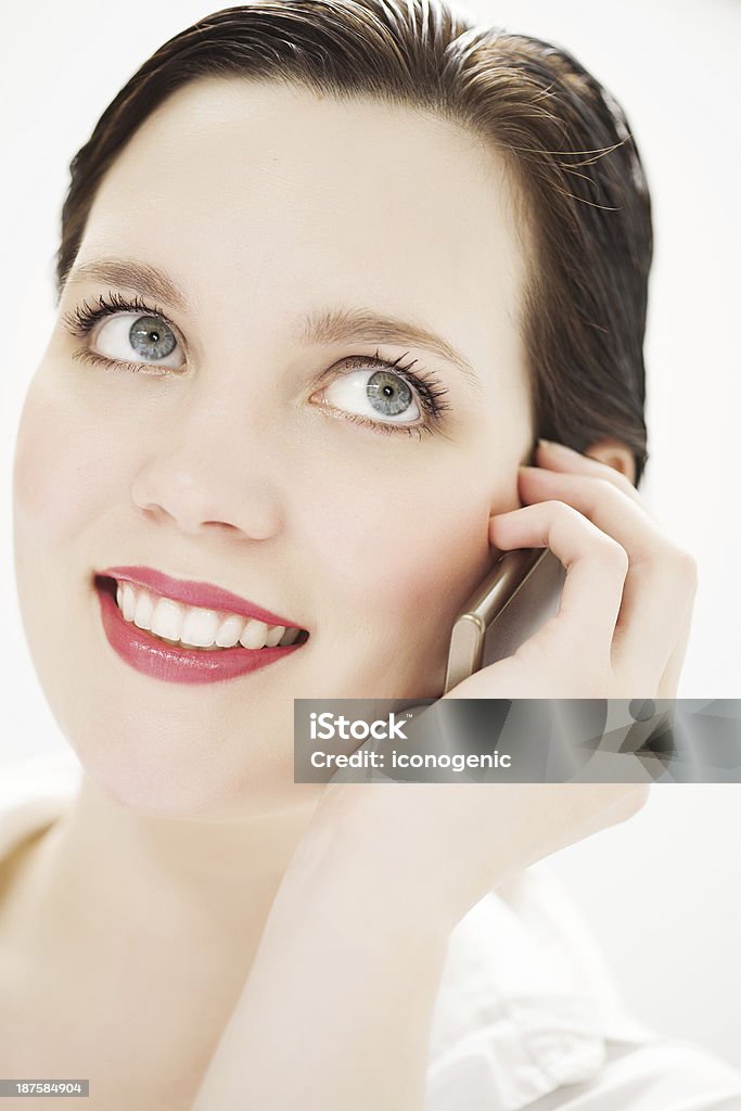 Woman On Phone Cheerful Caucasian woman talking on mobile phone. 20-24 Years Stock Photo