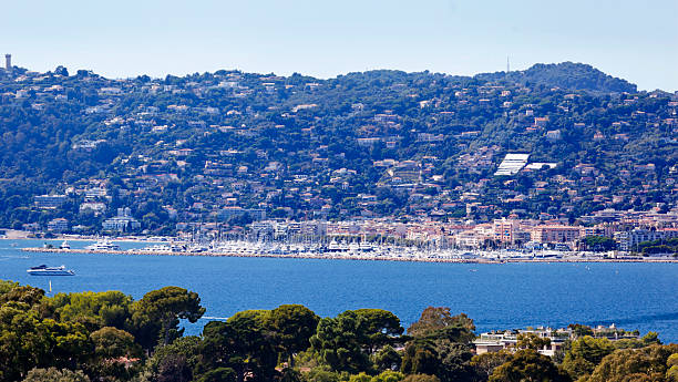Juan Les Pins & Gulf Across the Mediterranean bay, Golfe Juan, to the resort of Juan Les Pins to the right and the Golfe Juan Marina to the left on the Cote D’Azur in the Alpes Maritimes district of Provence. pinus pinea photos stock pictures, royalty-free photos & images
