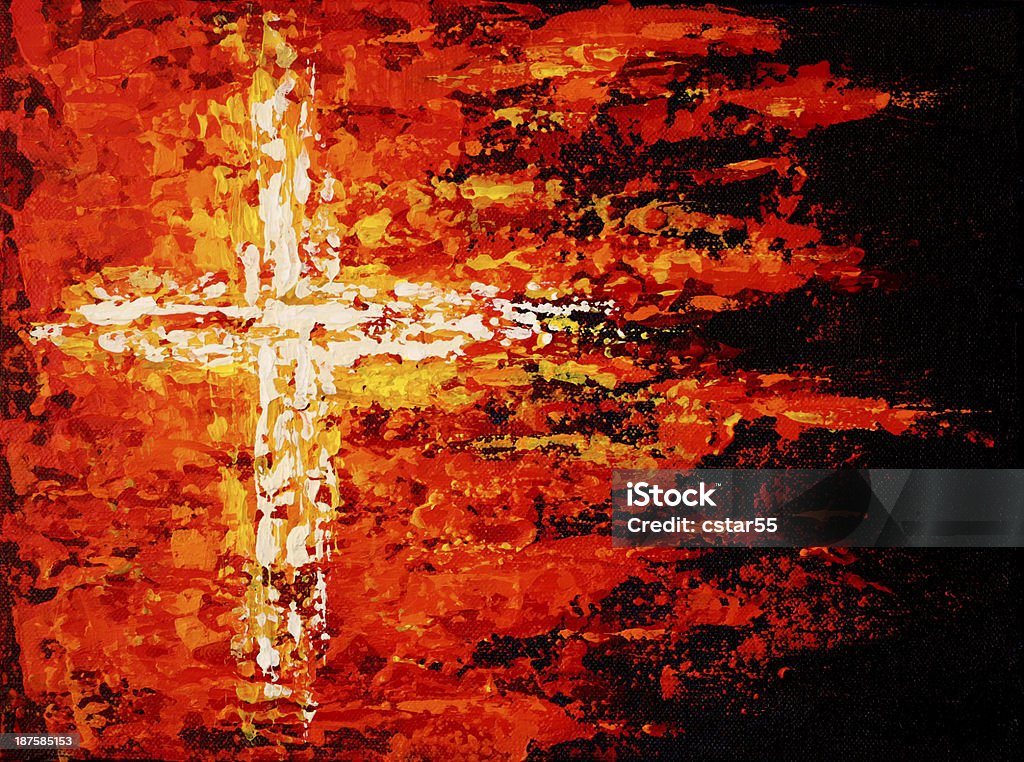 Religious painted cross on fire in red Abstract acrylic painting titled Cross on Fire.  Done by contributor. Property release on file. Religious Cross stock illustration