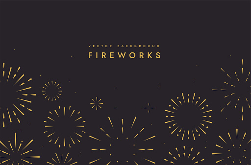 Firework show background in night. Happy new year poster. Congratulation banner, Festival symbol. Holiday celebration design. Modern element template. Minimal simple style. Flat vector illustration.