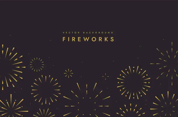 Vector illustration of Firework show background in night. Happy new year poster. Congratulation banner, Festival symbol. Holiday celebration design. Modern element template. Minimal simple style. Flat vector illustration.