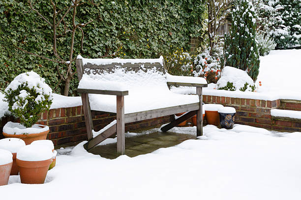 istock Garden patio bench with snow 187585830