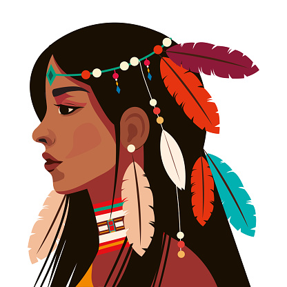 native american girl with feathers in head illustration