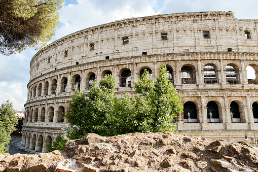 Exterior Architectural Sights of The Roman Colosseum (Colosseo Romano) in Rome, Lazio Province, Italy.