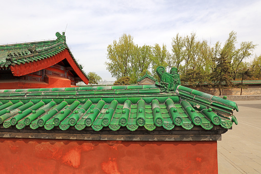 Beijing, China - April 6, 2019: Chinese classical glazed tile architecture landscape in Ditan Park, Beijing, China