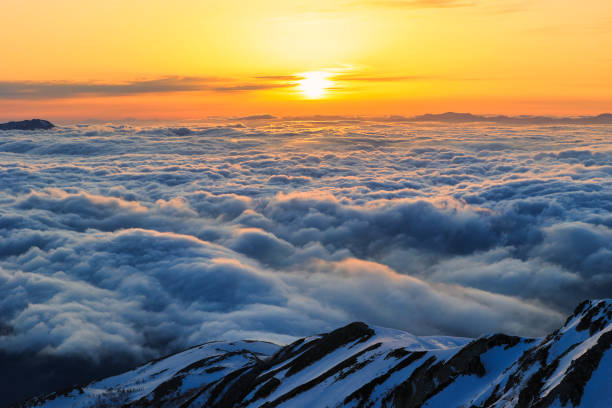 日本の北アルプスの唐松山から見た日の出の雲海